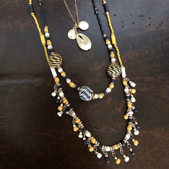 Boho Gold Yellow Navy Beaded Long Necklace - Picture 2 of 5